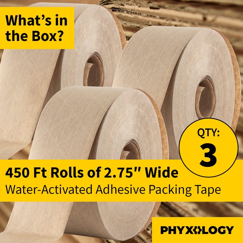 PHYXOLOGY SUPPLY Ultra Durable Water-Activated Tape for Secure Packing 3Pk. 2.75 in, 450 Ft Brown Kraft Gum Tape Provides Heavy Duty Adhesive for Packaging and Shipping. Fiberglass Reinforced for Extra Strong Bond. - Image 2